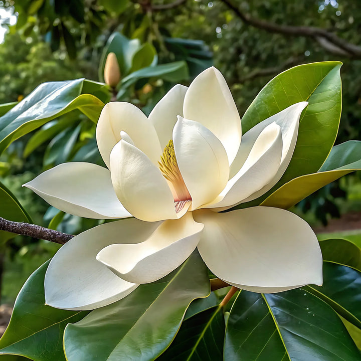 White magnolia flower opening among glossy green leaves