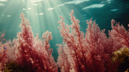 Pale rose-pink algae swaying beneath sunbeams in shallow sea water