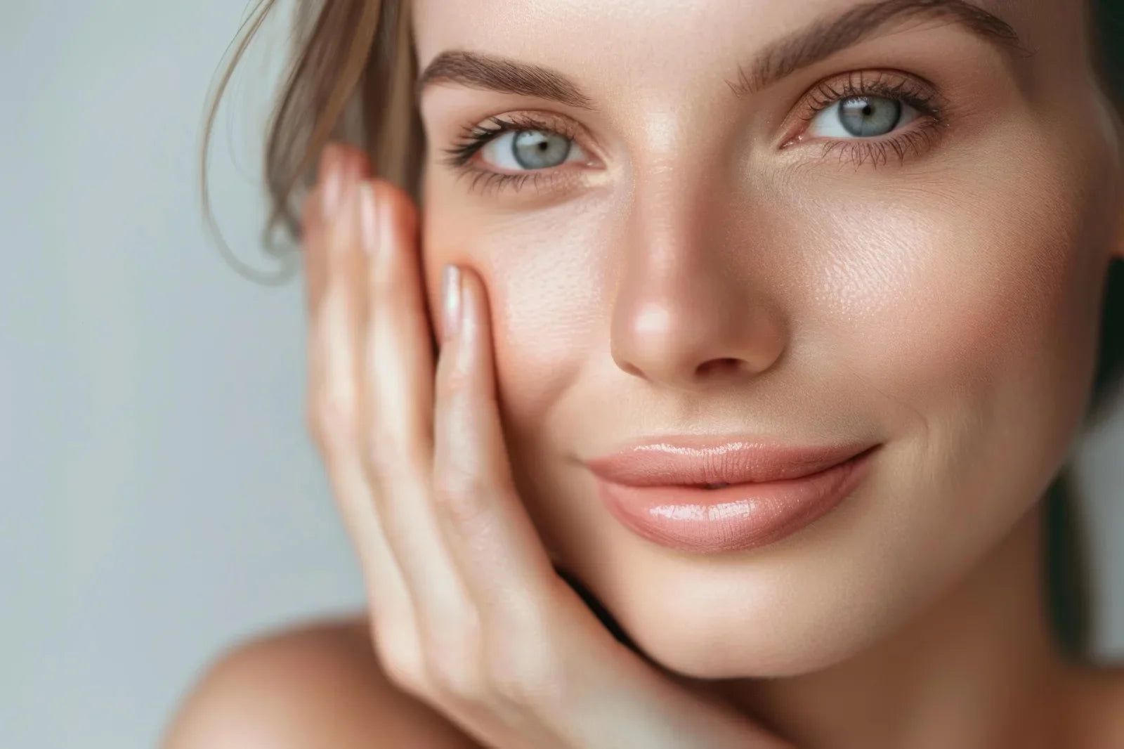 Model cradling her cheek with one hand, skin smooth and rested, the Petals and Peptides Activating Serum ritual