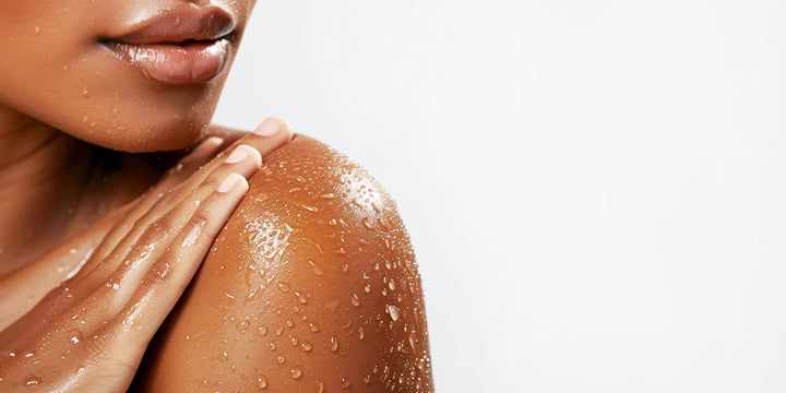 Model smoothing cleanser over a wet shoulder dotted with water droplets