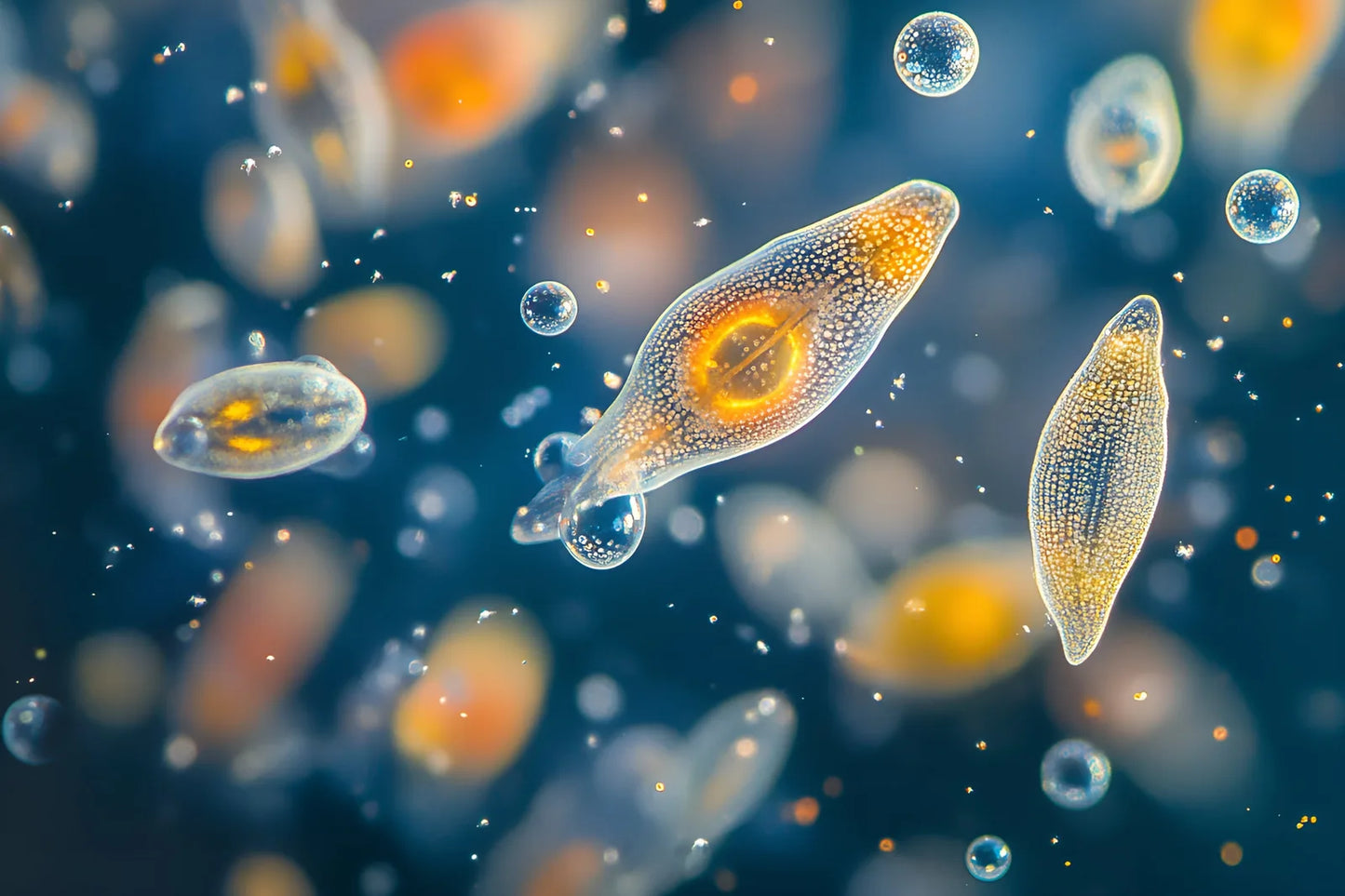 Microscopic view of translucent plankton drifting in sunlit blue water, the source of Plankton Extract