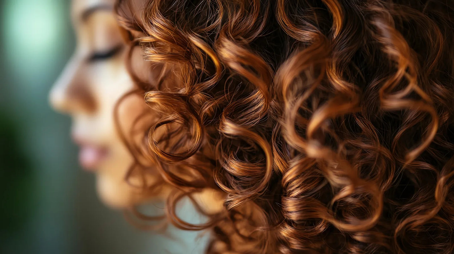 Profile of a woman with defined, glossy auburn curls after using Silken Infusion & Cereal Therapy Conditioner