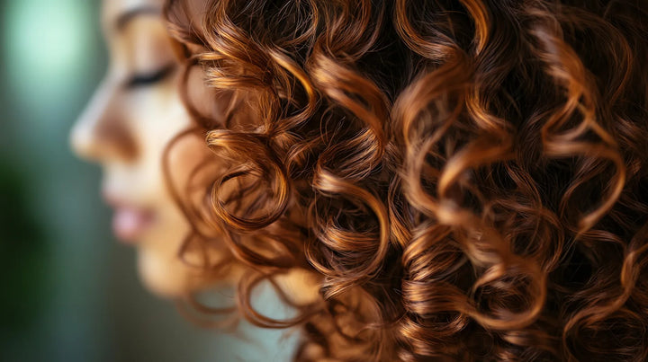 Profile of a woman with defined, glossy auburn curls after using Silken Infusion & Cereal Therapy Conditioner