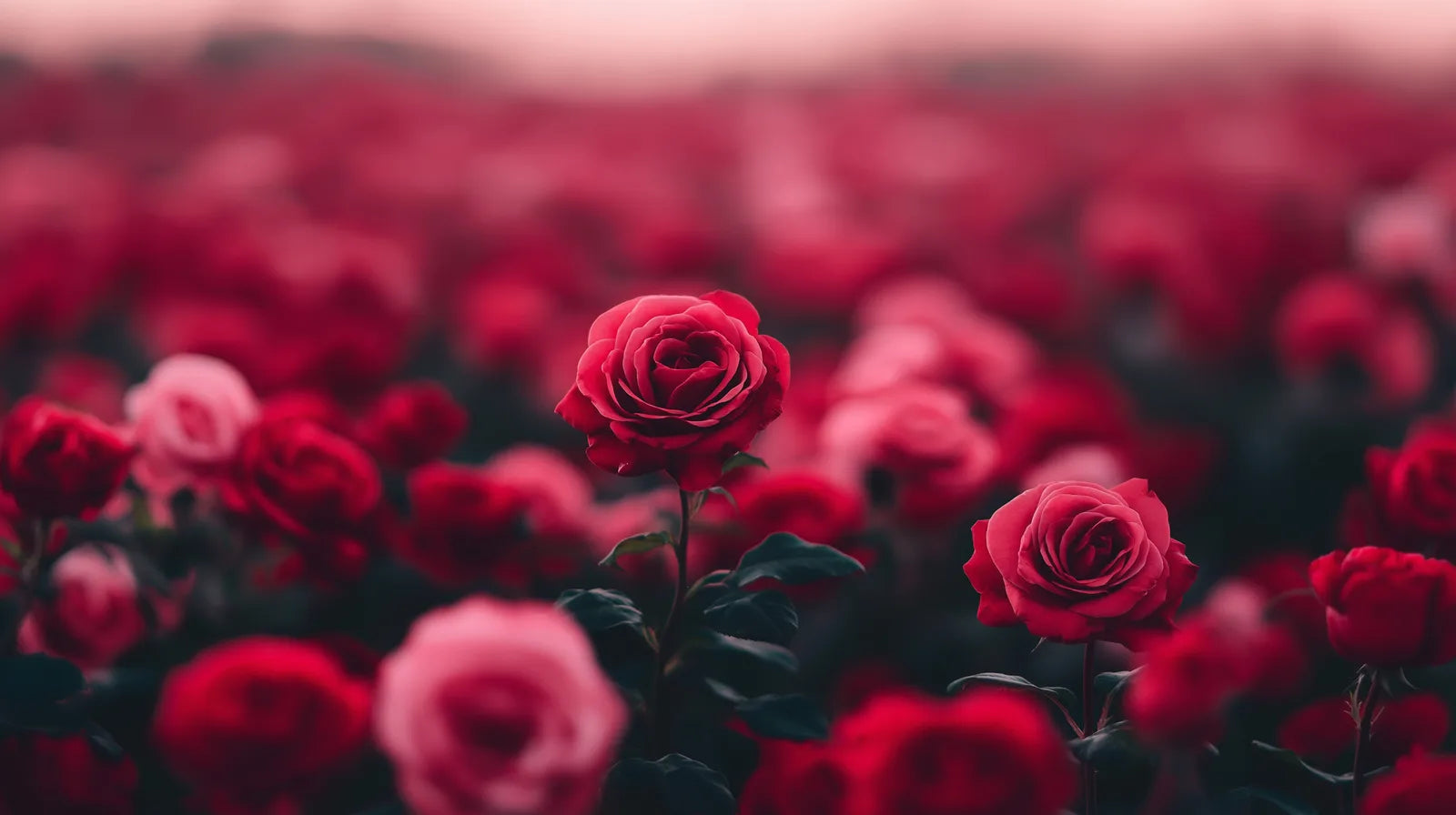 A field of deep crimson damask roses in soft focus