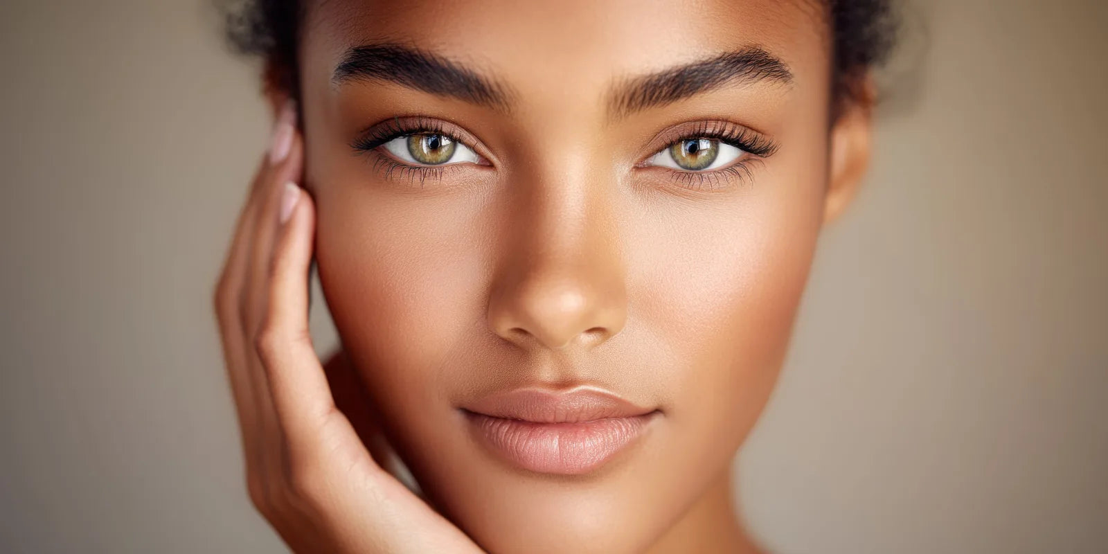 Model with an even, polished-looking complexion touching her cheek, the Splendid Skin Serum Exfoliator ritual