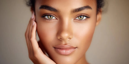 Model with an even, polished-looking complexion touching her cheek, the Splendid Skin Serum Exfoliator ritual