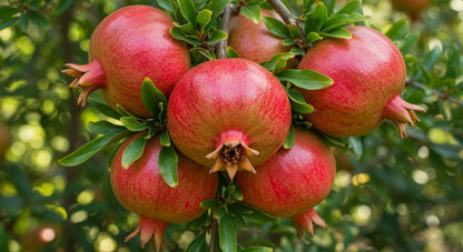 Ripe pomegranates clustered on the tree among green leaves