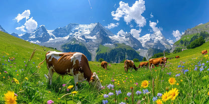 Cows grazing an alpine wildflower meadow beneath snow-capped peaks