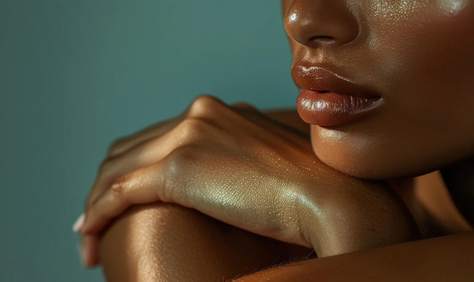 Model with glowing skin resting an arm over her shoulder against a deep teal backdrop