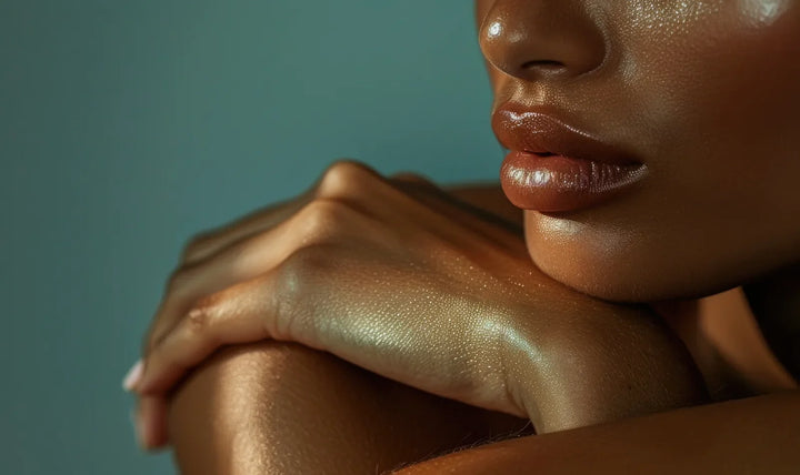 Model with glowing skin resting an arm over her shoulder against a deep teal backdrop