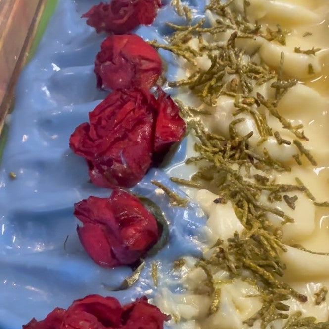 Frosted Snowberry Glow Cream Bar loaf with dried roses and botanicals